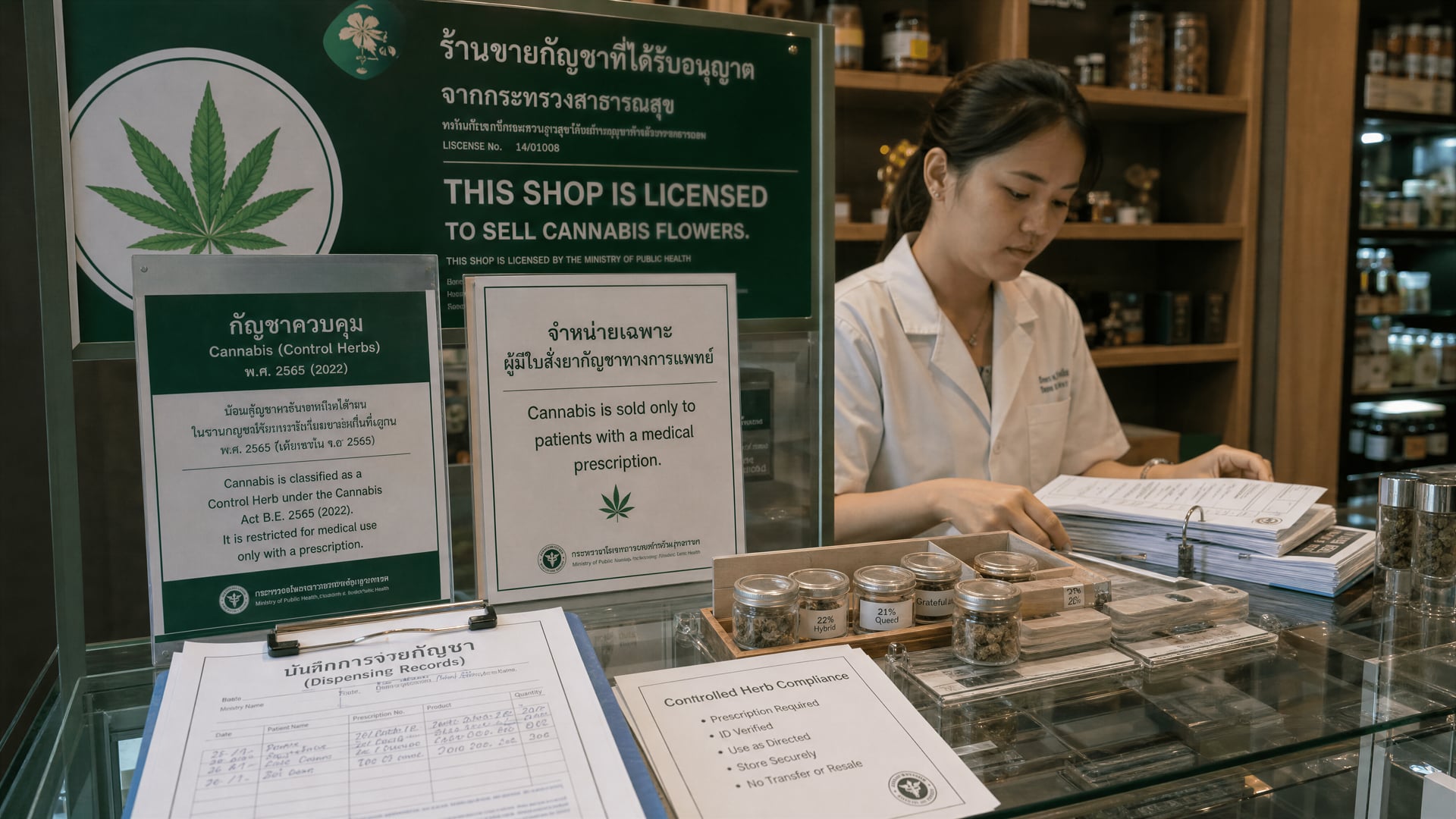 Mostrador de un dispensario tailandés con licencia que muestra registros de recetas y avisos de cumplimiento sobre hierbas controladas